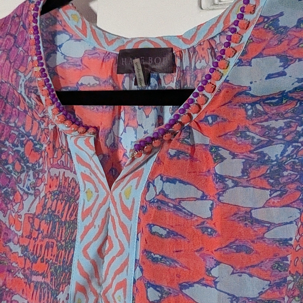 Hale Bob Silk Blend Printed Tunic Top Beaded Neck Boho Resort Medium - Picture 3 of 5
